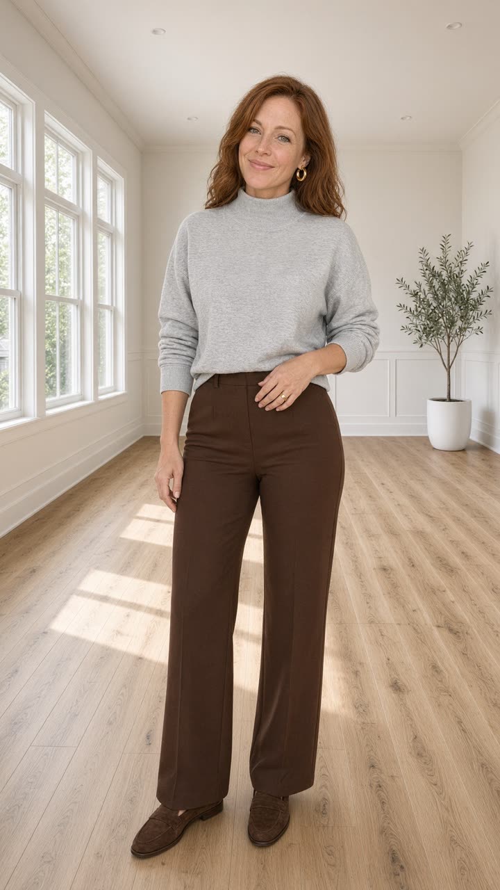 The same grey sweatshirt with chocolate brown pants and gold hoops