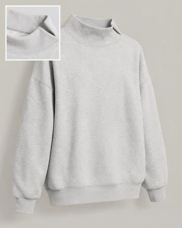 Grey mock neck sweatshirt with the side slit at the collar, product photo