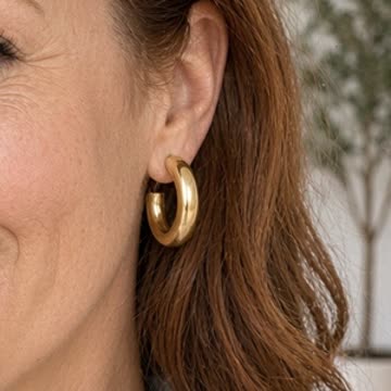 Chunky gold hoop earrings, shown on Bridget